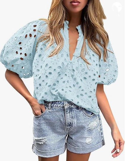 Top da donna casual elegante in pizzo traforato