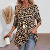 Loose-fitting Casual Round-neck Leopard Print Knitted Asymmetric Hem Top