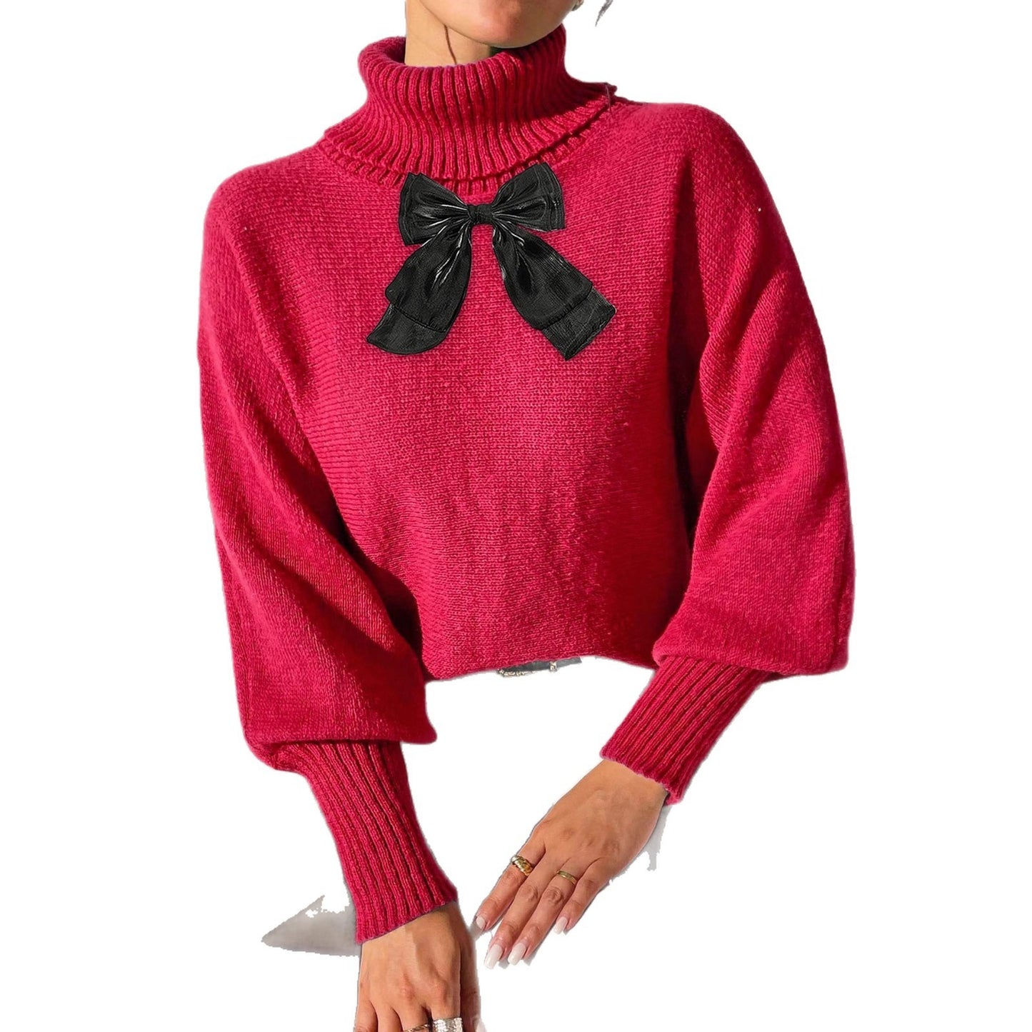 Maglione dolcevita da donna con maniche a pipistrello, fiocco in pizzo e patchwork