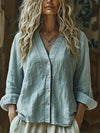 Camicia in lino da donna bohémien con scollo a V
