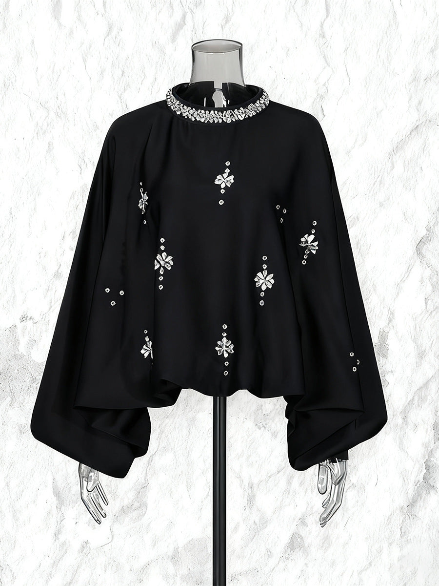 Round Neck Rhinestone Loose Solid Color Pullover Shirt