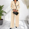 Women's Two-Piece V-Neck Long Sleeve Blouse With Contrast Trim & Straight Leg Wide Pants Set - Office Wear Suit For Spring&Fall