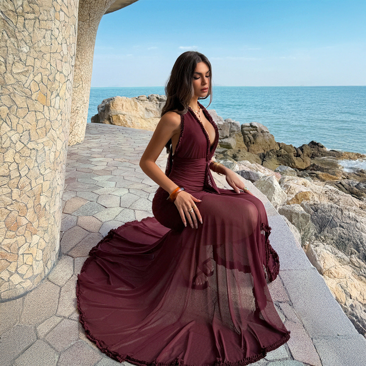 Womens Solid-Color Casual Hip-Hugging Low-Cut Dress