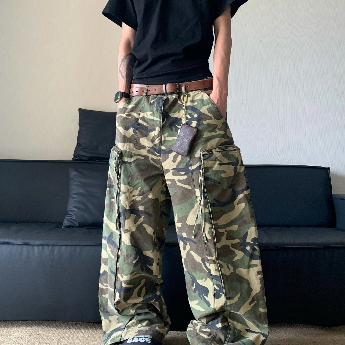 Retro Camouflage Wash Pocket Wide Leg Pants