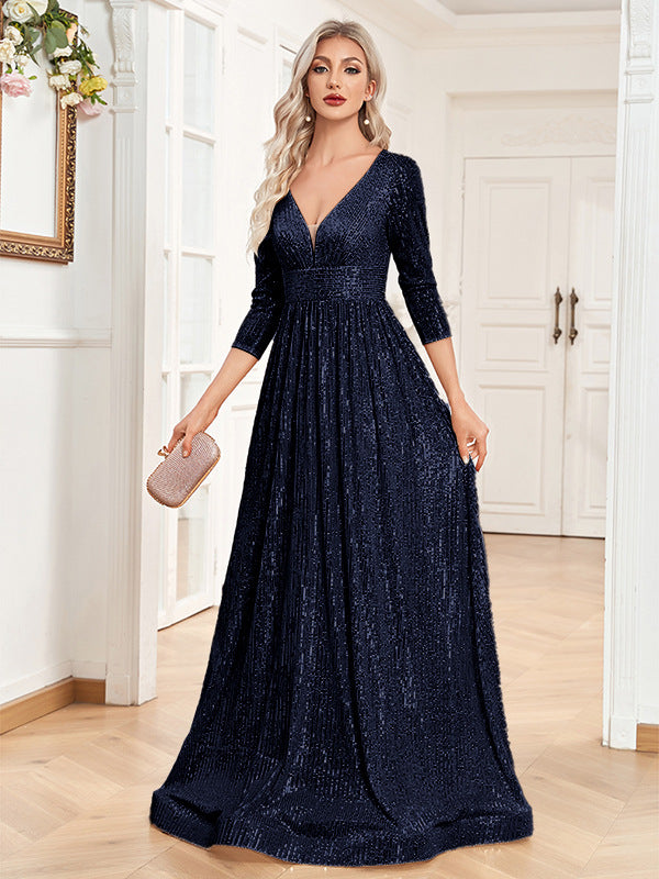Vestito da sera formale con paillettes, scollo a V, vita alta