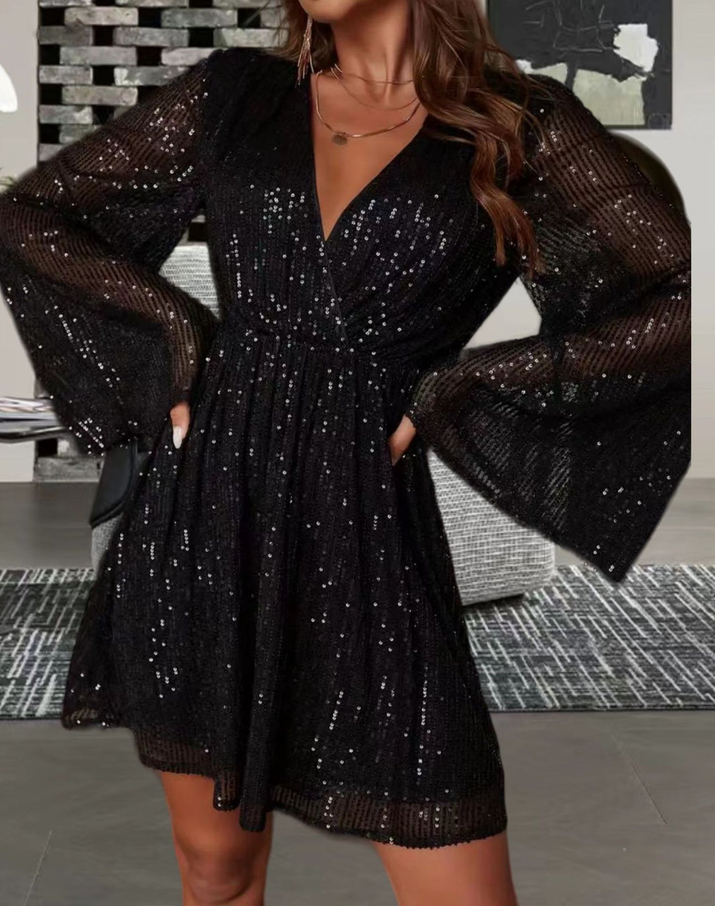 Abito da sera elegante con scollo a V, paillettes in vita e effetto snellente