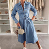 Womens Long-sleeve Denim Washed Shirt Jacket Dress