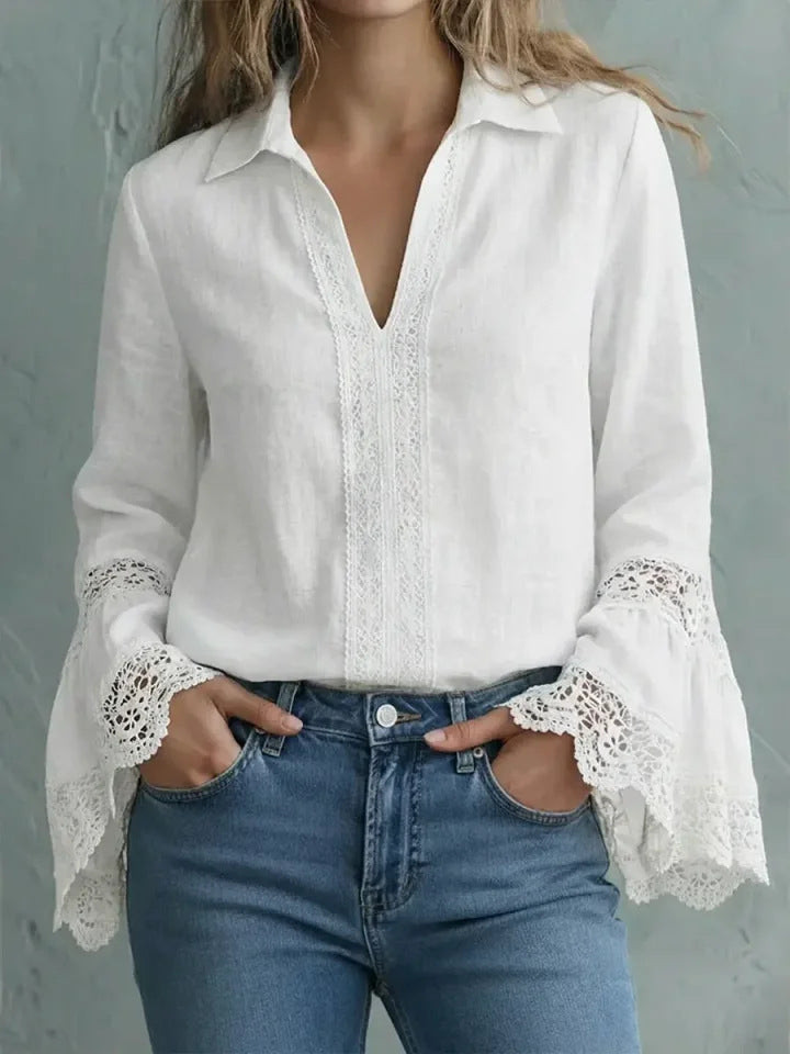 Elegante blusa di cotone con finiture in pizzo e modello pullover