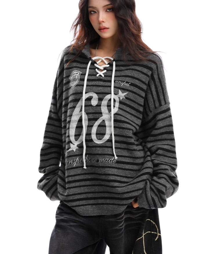 Loose Mixed Color Stripe Lace-up Sweater
