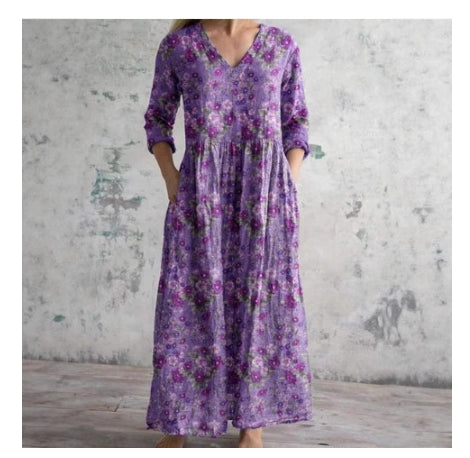 Womens Loose Stylish High-End V-Neck Printed Dress