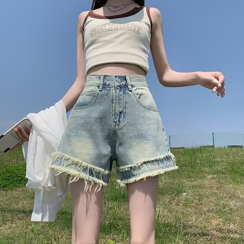 Shorts di jeans sfrangiati da donna, nuovo stile estivo a vita alta