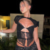 Sexy Lace Stitching Short Sleeve Hollow-out Top High Waist Straight Bootcut Pants Suit