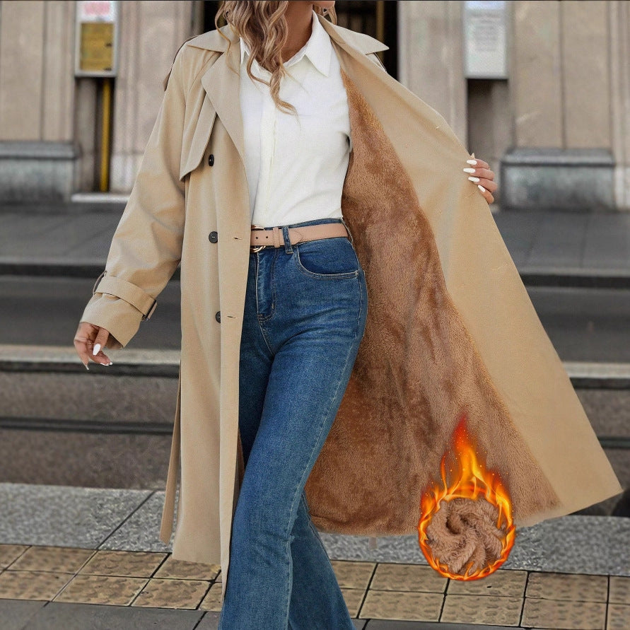 European And American Women's Clothing Double Breasted Belt Fleece Trench Coat Coat