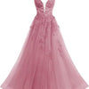 Women's Spaghetti Strap Tulle Long Applique Lace Dress With Long Dress