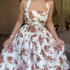 White Red Rose Print Halter Neck Waist-Cinched Midi Dress