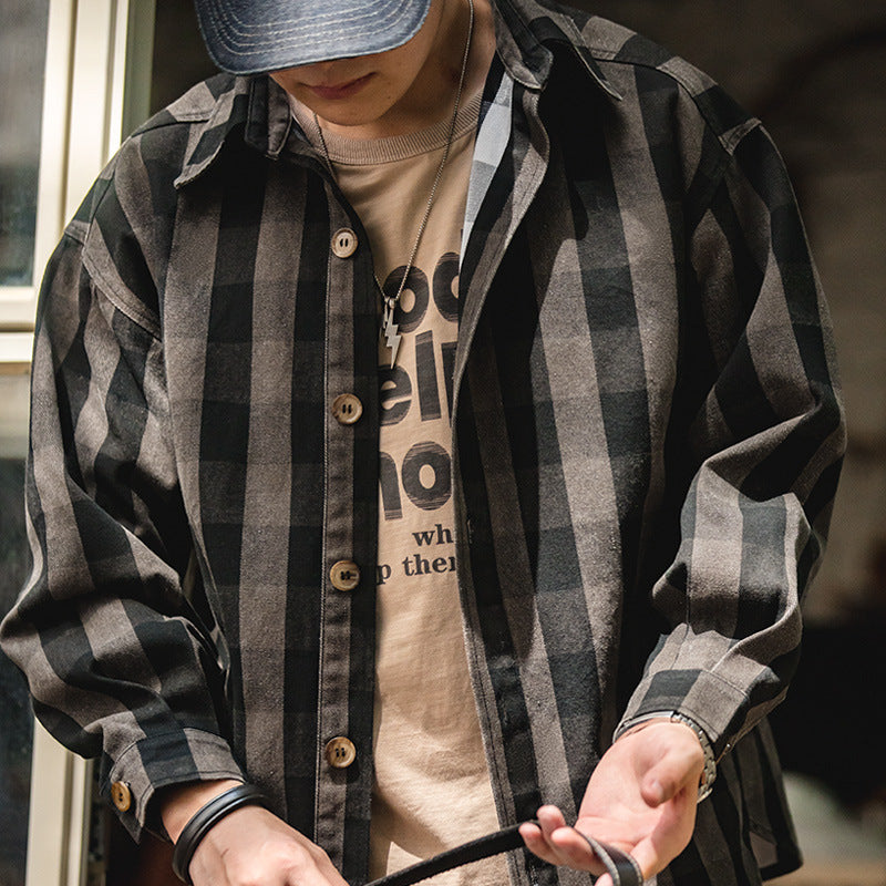 American Retro Plaid Loose Shirt Coat Men