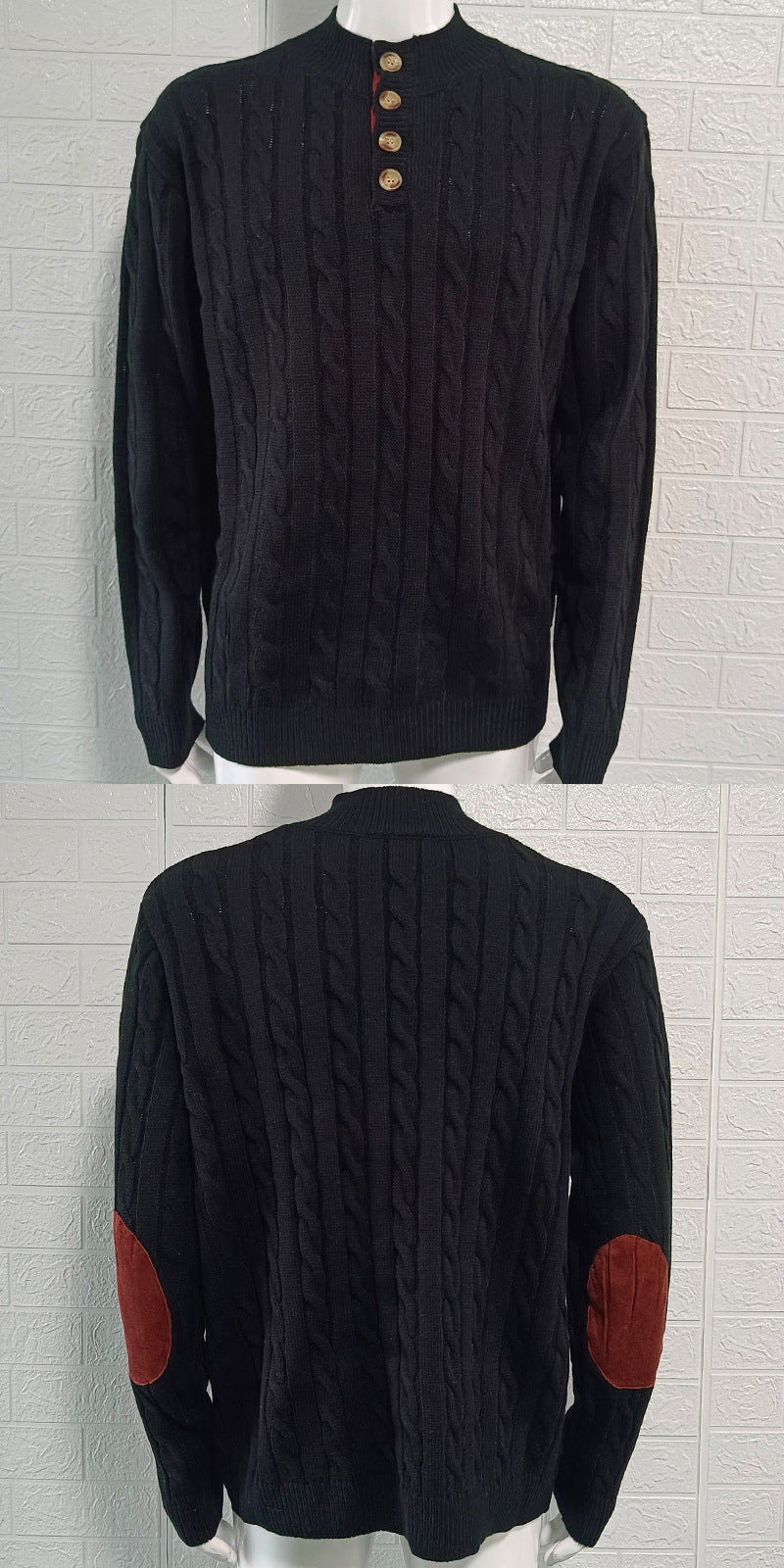 Slim-fit Buttoned Turtleneck Suede Stitching Sweater