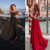 Abito lungo da ballo da donna con spalle scoperte, spacco e pizzo