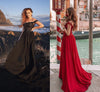Abito lungo da ballo da donna con spalle scoperte, spacco e pizzo