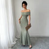 Womens Solid-Color Off-the-Shoulder Slim Long Dress