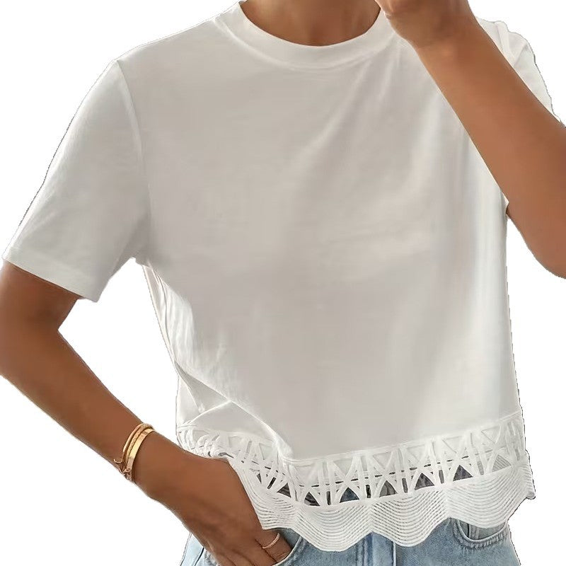 Women's Solid Color Versatile Hollow-Out Spliced Short-Sleeve