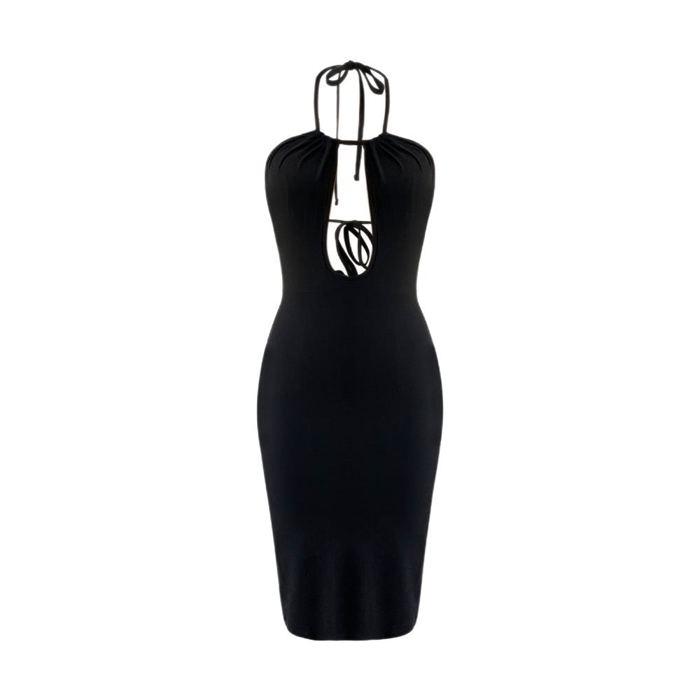 Womens Solid-Color Backless Hollow-Out Halter Dress
