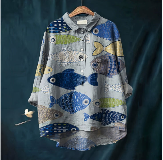 Camicia alla Coreana in Lino di Bambù Stampato Stile Cinese con Colletto Polo