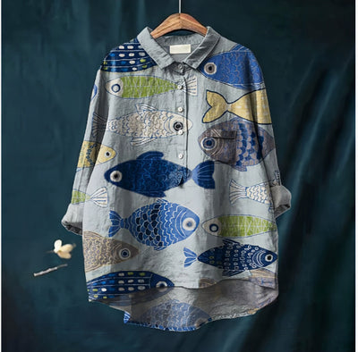 Camicia alla Coreana in Lino di Bambù Stampato Stile Cinese con Colletto Polo