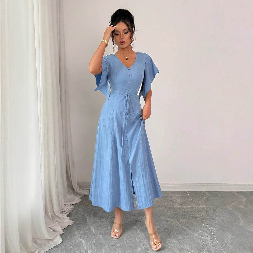 Elegant French-inspired High-end Blue V-neck Belted Maxi Dress