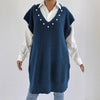Preppy Style Casual Vest Dress V-neck Beaded Loose