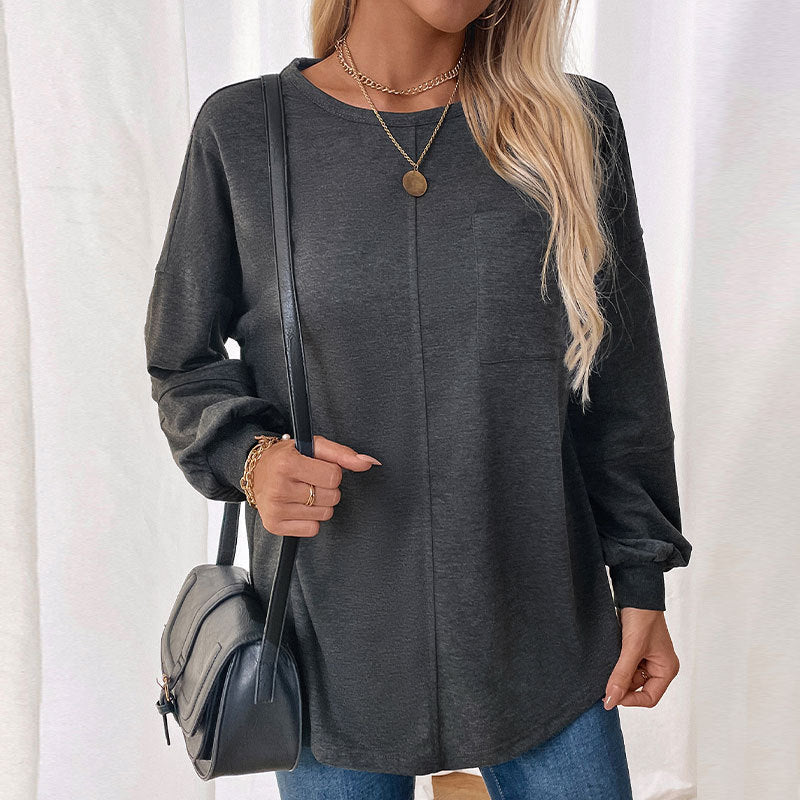 Round Neck Mid-length Solid Color Hoodie Women