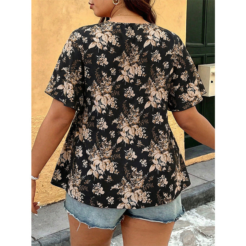 Camicetta in chiffon a maniche a balze con scollo a V e allacciatura taglie forti