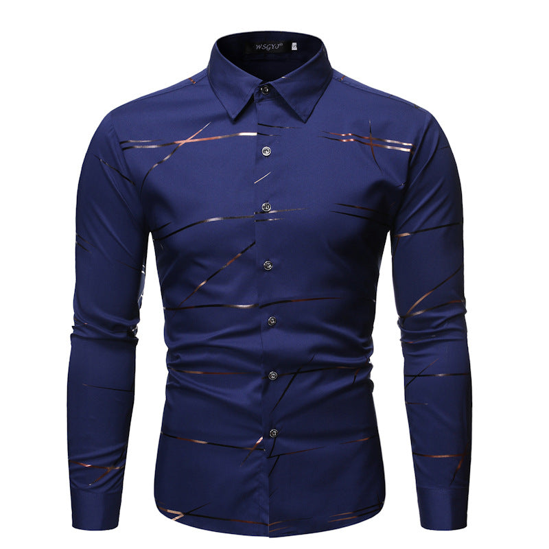 Camicia da uomo a maniche lunghe con stampa bronzata e colletto alla coreana modello Henry
