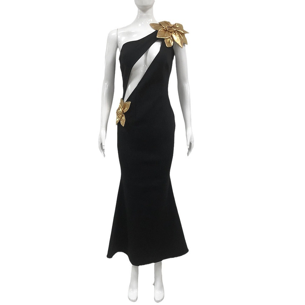Abito lungo a fascia con fiori dorati slim-fit
