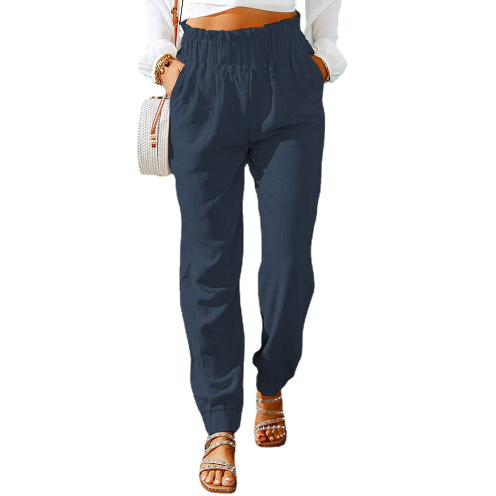 Ruffled Elastic Waistband High Waist Trousers