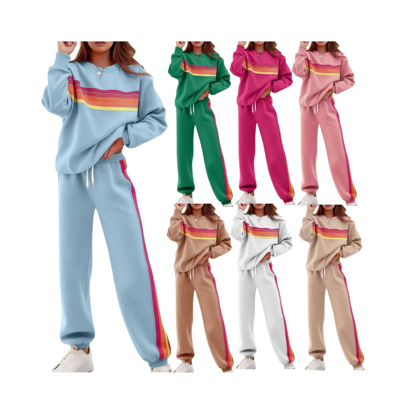 Completo maglione con pantaloni elasticizzati in vita e strisce colorate larghe con scollo tondo