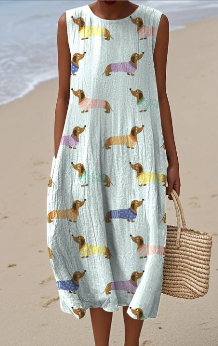 Pocketed Crew-neck Dress With Geometric And Floral Elements