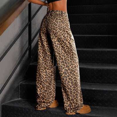 Womens High-waisted Loose-fitting Leopard-print Wide-leg Pants