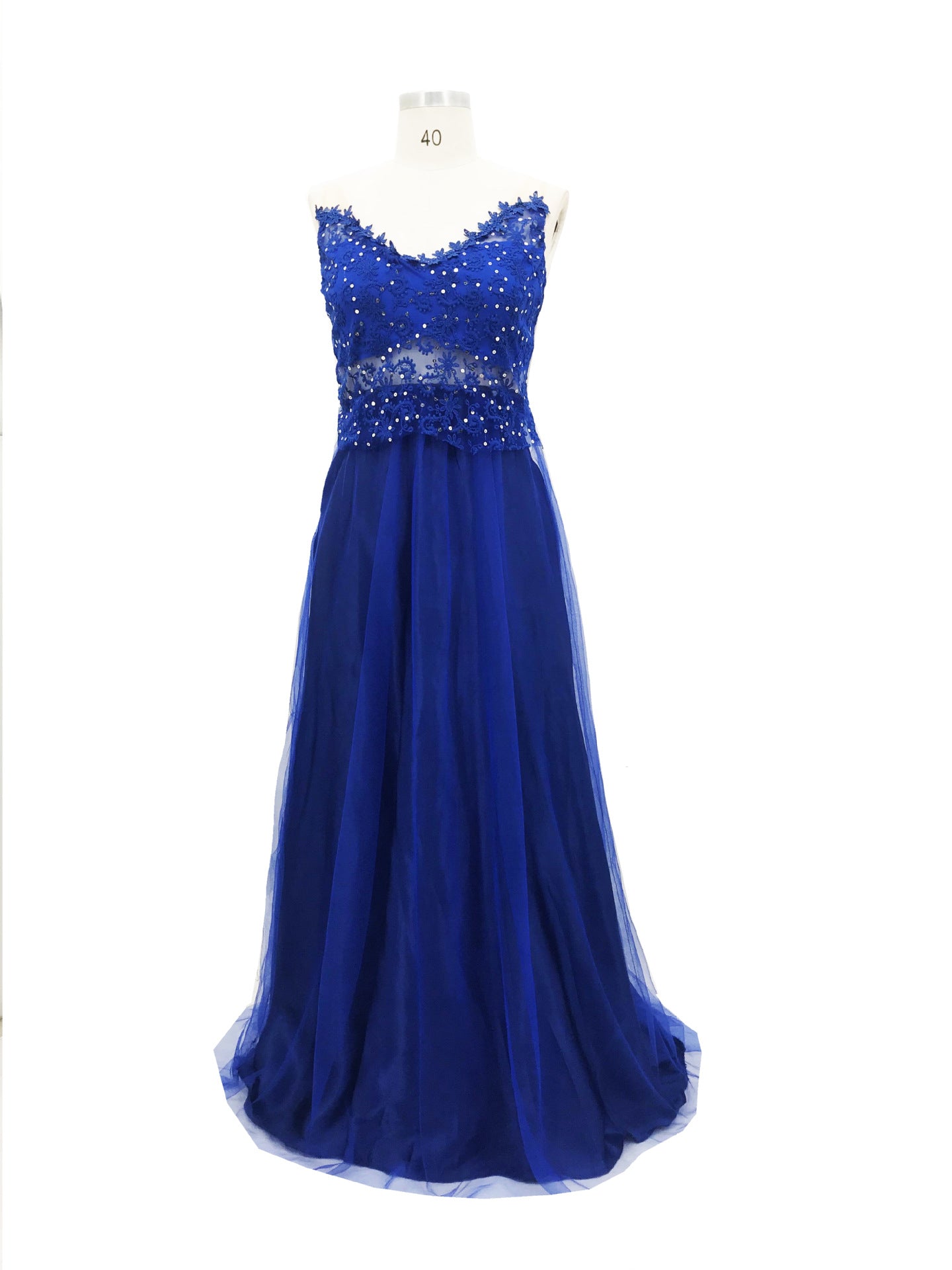Abito lungo elegante blu in chiffon con perline e schiena scoperta a pois