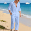 Set Casuale di Camicia a Maniche Lunghe con Cappuccio e Pantaloni in Lino Traspirante e Ampio