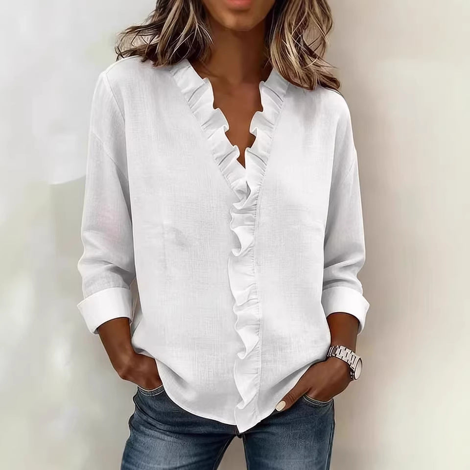 Camicia in cotone a maniche lunghe con balze