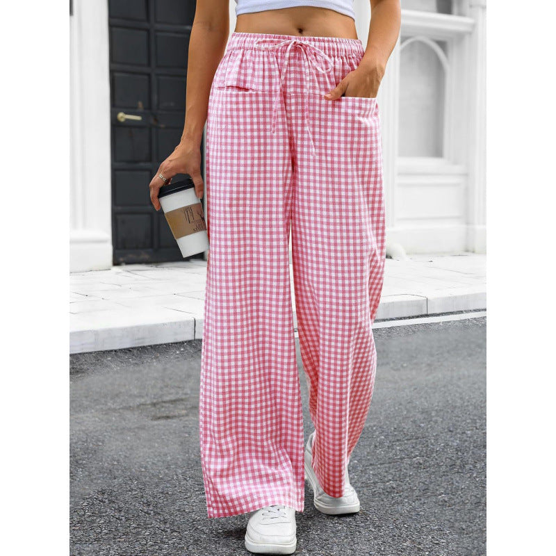 Pantaloni Loungeleisure Gessati a Vita Alta con Gamba Larga e Coulisse