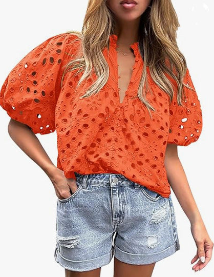 Top da donna casual elegante in pizzo traforato