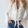 French-Elegant Solid-Color V-Neck Ruffle Blouse With Puff Sleeves