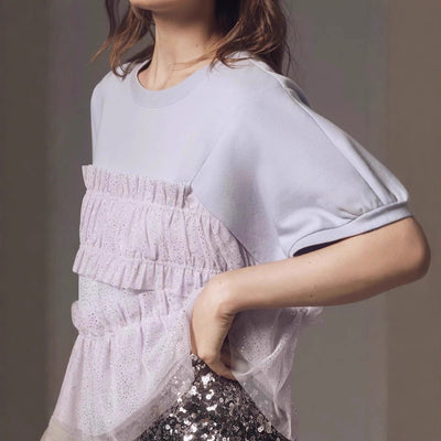 Mesh-spliced Fashionable Short-sleeve Top For Women