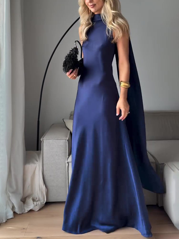 Vestito lungo in raso blu royal senza maniche