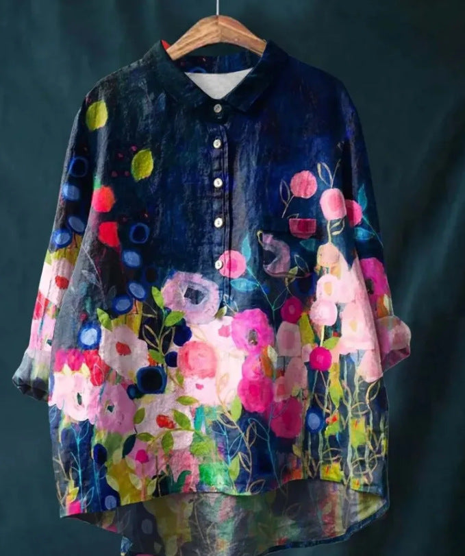 Camicia da donna estiva casual a maniche corte con stampa e colletto, taglia europea