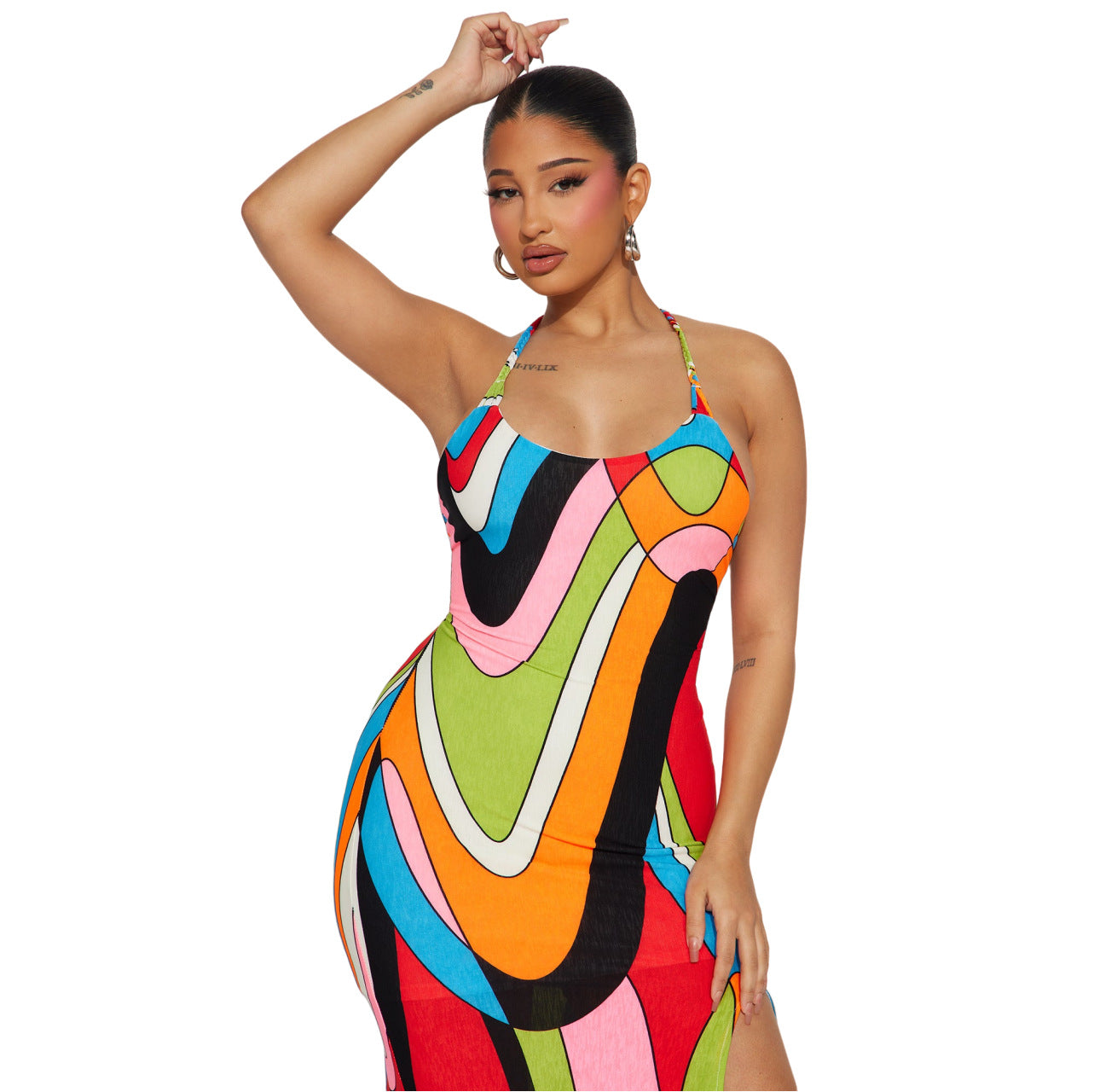 Neck-hanging Rainbow-print Dress For Women
