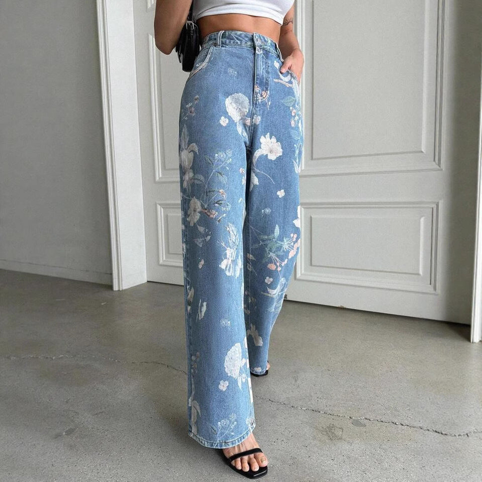 Jeans da donna vintage all'americana con stampa floreale blu