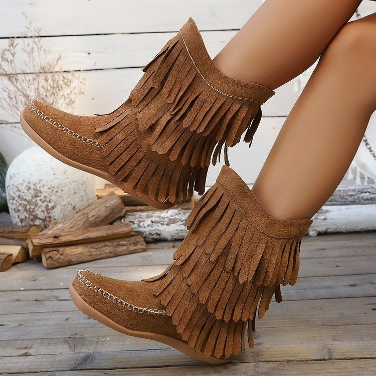 Plus Size Retro Tassel Mid-calf Heel Martin Boots